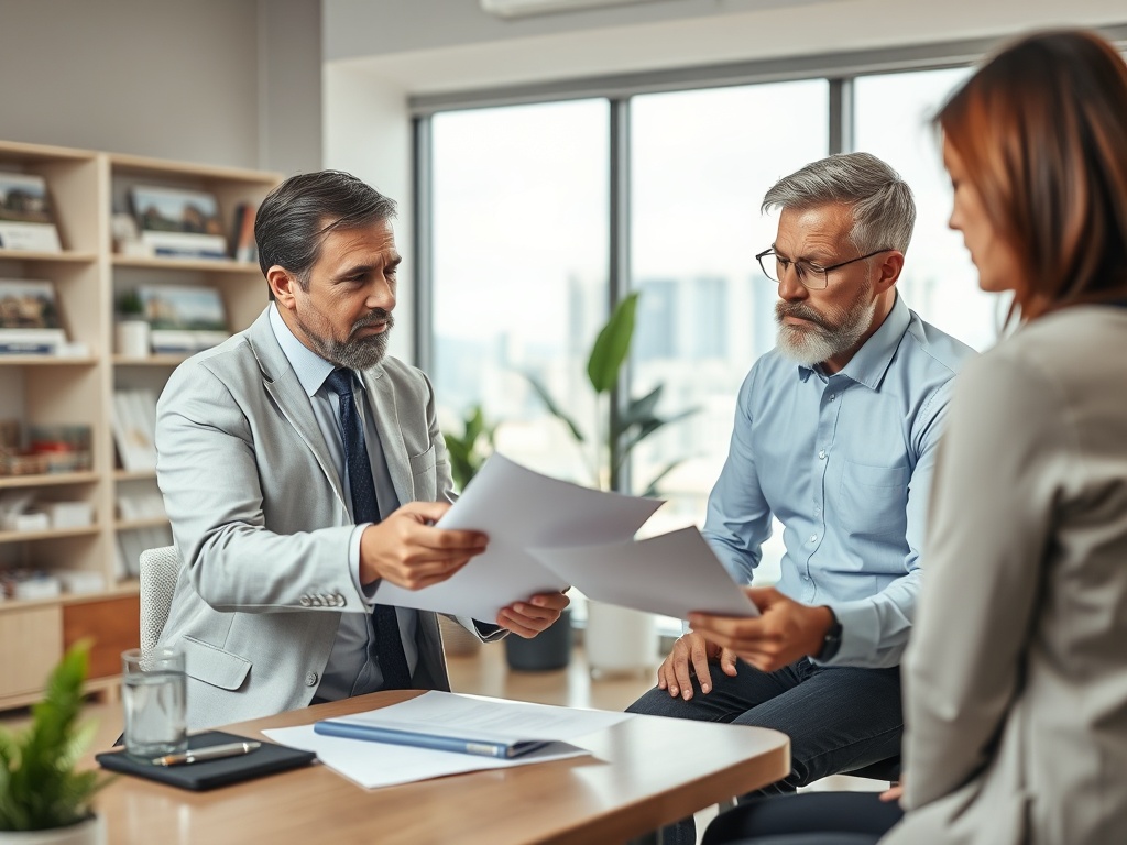 Трое людей обсуждают документы в офисе с большими окнами и современным интерьером.