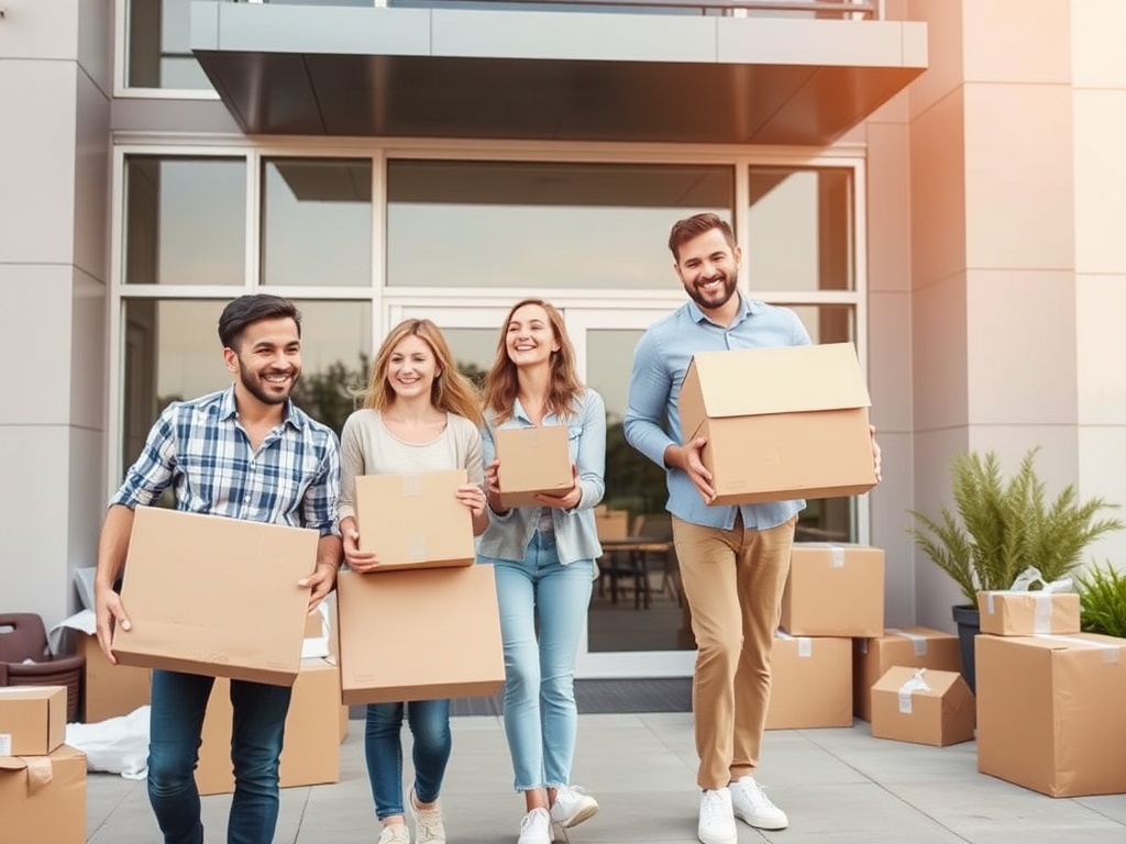 Четверо друзей с улыбками несут коробки к новому дому на фоне современного здания.
