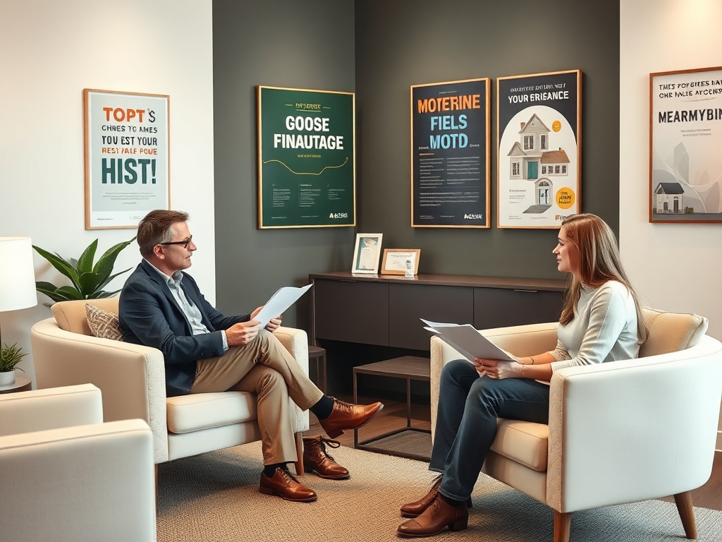 Два человека сидят в офисе, обсуждая документы. На стенах висят плакаты с информацией.