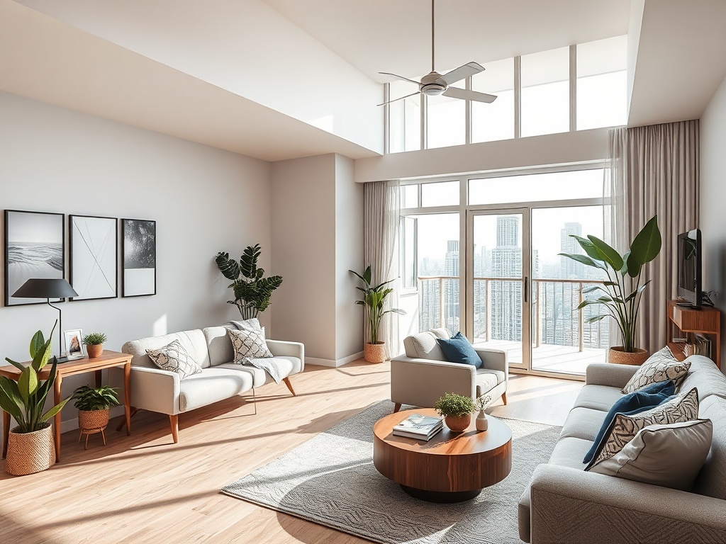 Современная светлая гостиная с растениями, мягкой мебелью и большими окнами, открывающими вид на город.