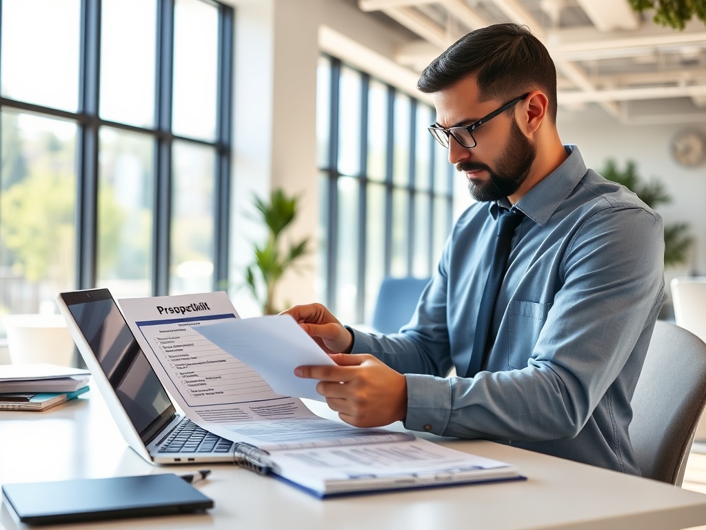 Мужчина в деловом костюме работает за столом с ноутбуком и документами в современном офисе.