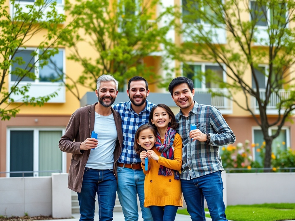 Счастливая семья и друзья на фоне жилого комплекса. Они улыбаются и позируют на улице.