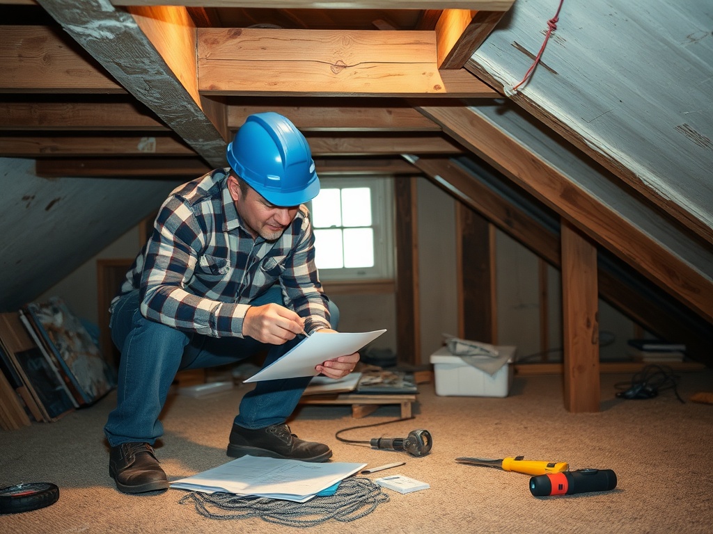Человек в каске записывает данные на листе бумаги в чердачном пространстве, окруженный инструментами.