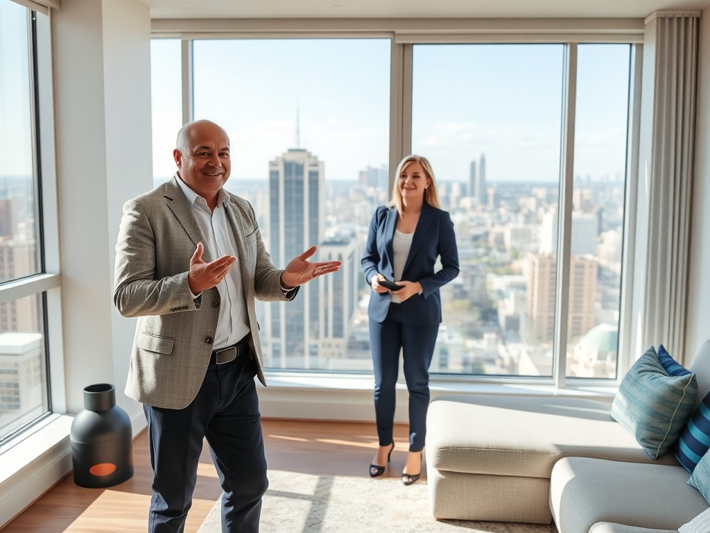 Мужчина и женщина в бизнес-одежде стоят в современном офисе с видом на город. Солнечный день.