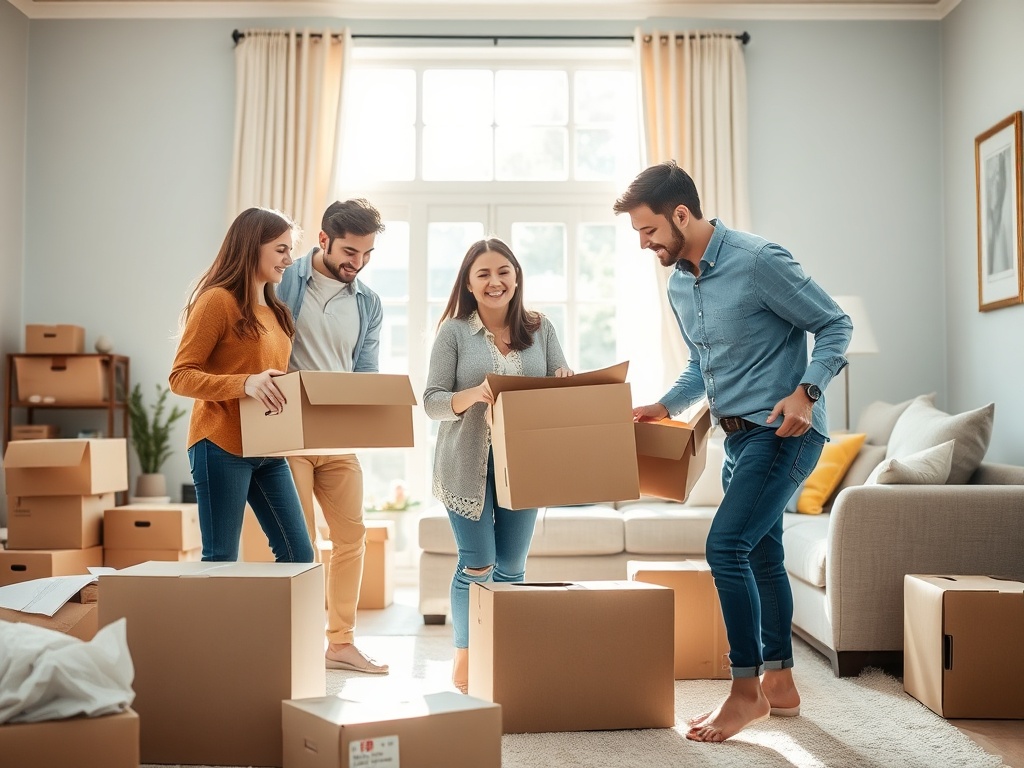 Группа друзей разбирает коробки в новом доме. В комнате много упаковок и солнечный свет через окна.