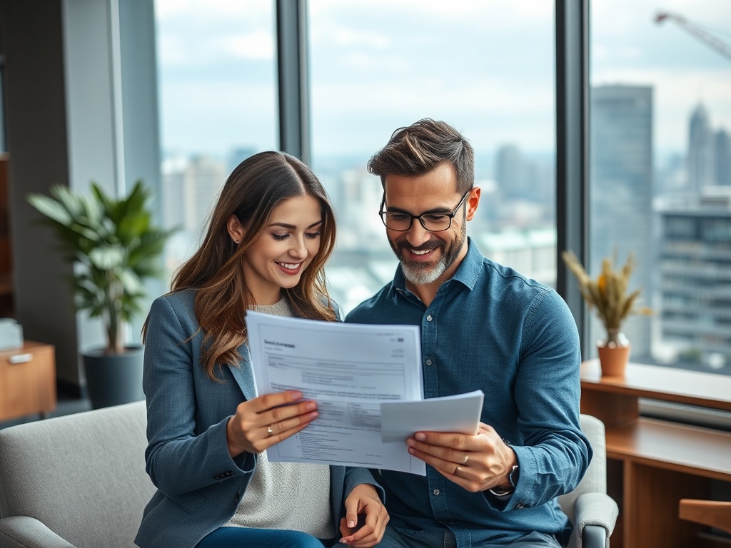 Два человека в бизнес-офисе улыбаясь смотрят на документы, обсуждая их значение и детали.