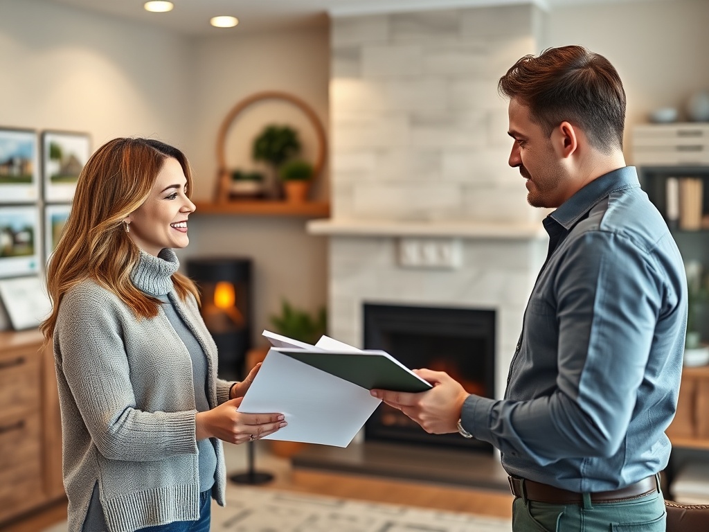 Мужчина и женщина обмениваются документами в уютном помещении с камином. Улыбаются друг другу.